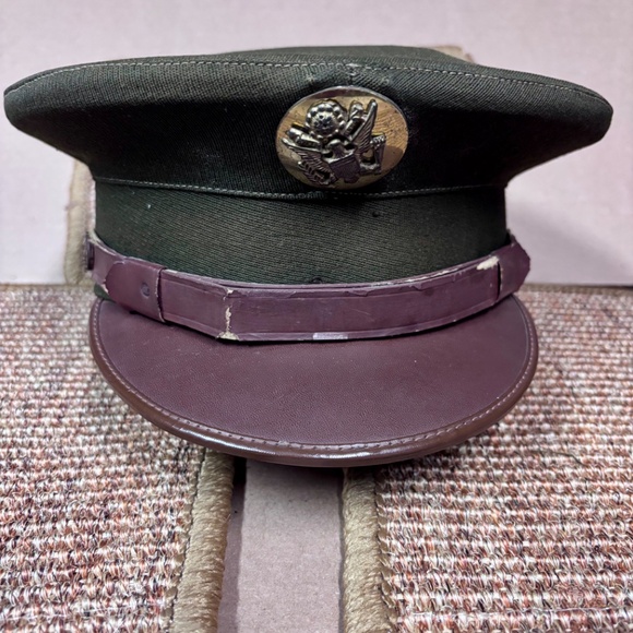 Original WW2 US Army Officers Dress Cap Vintage War Green CrusherSize 7 1/8